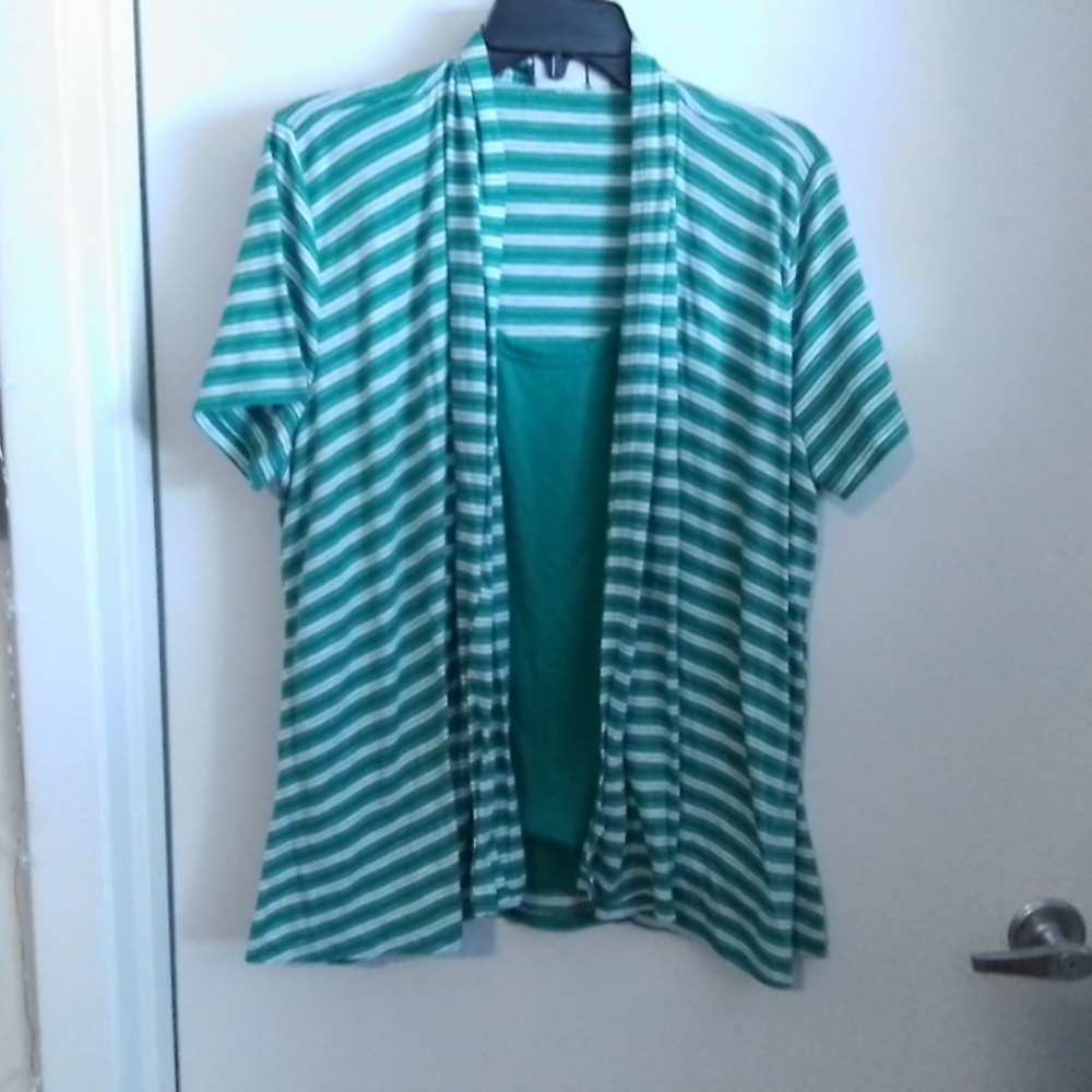 Kim Rogers Green and White Striped Cardigan